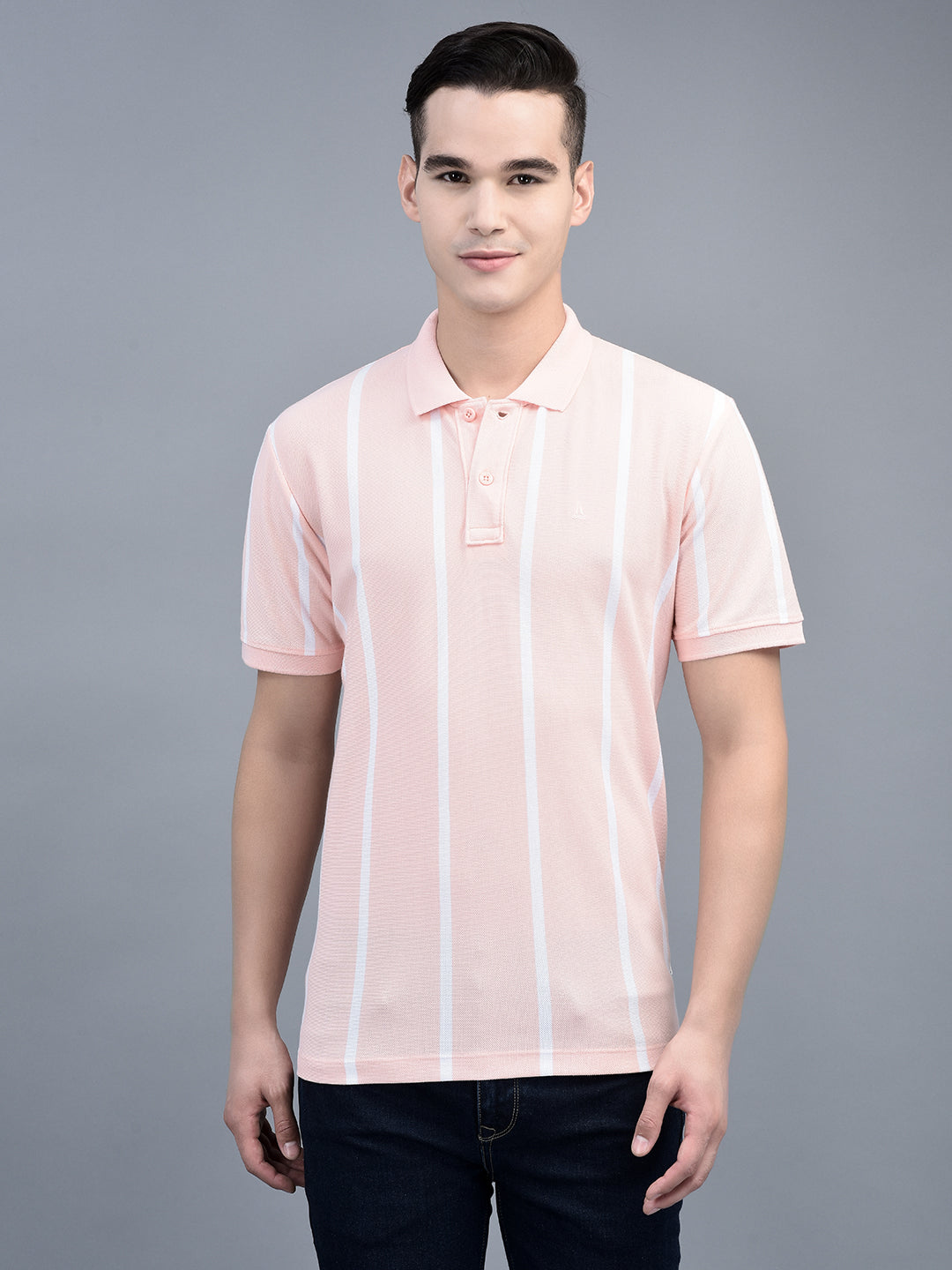 Canoe Men Short Sleeve Polo Neck Striped Pattern T-Shirt
