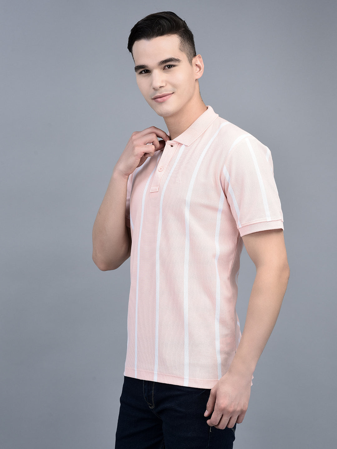 Canoe Men Short Sleeve Polo Neck Striped Pattern T-Shirt
