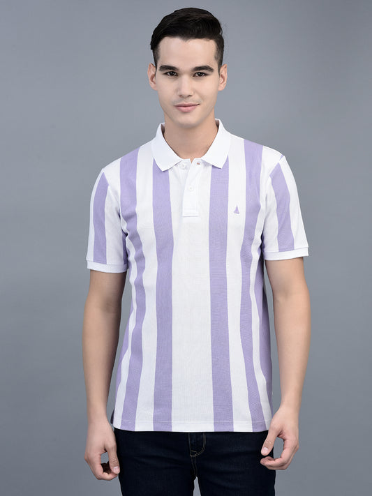Canoe Men Short Sleeve Polo Neck Striped Pattern T-Shirt