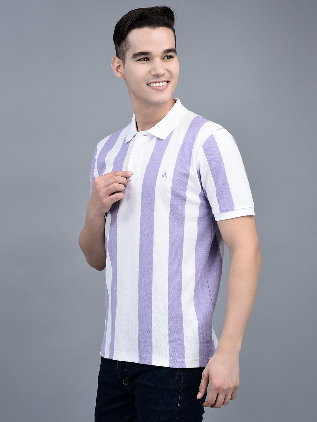 Canoe Men Short Sleeve Polo Neck Striped Pattern T-Shirt