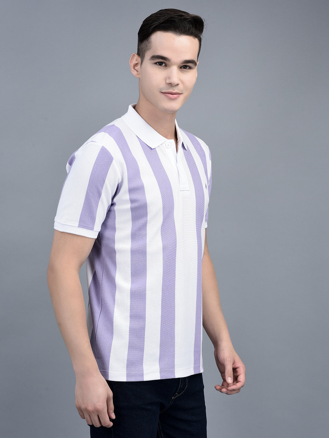 Canoe Men Short Sleeve Polo Neck Striped Pattern T-Shirt
