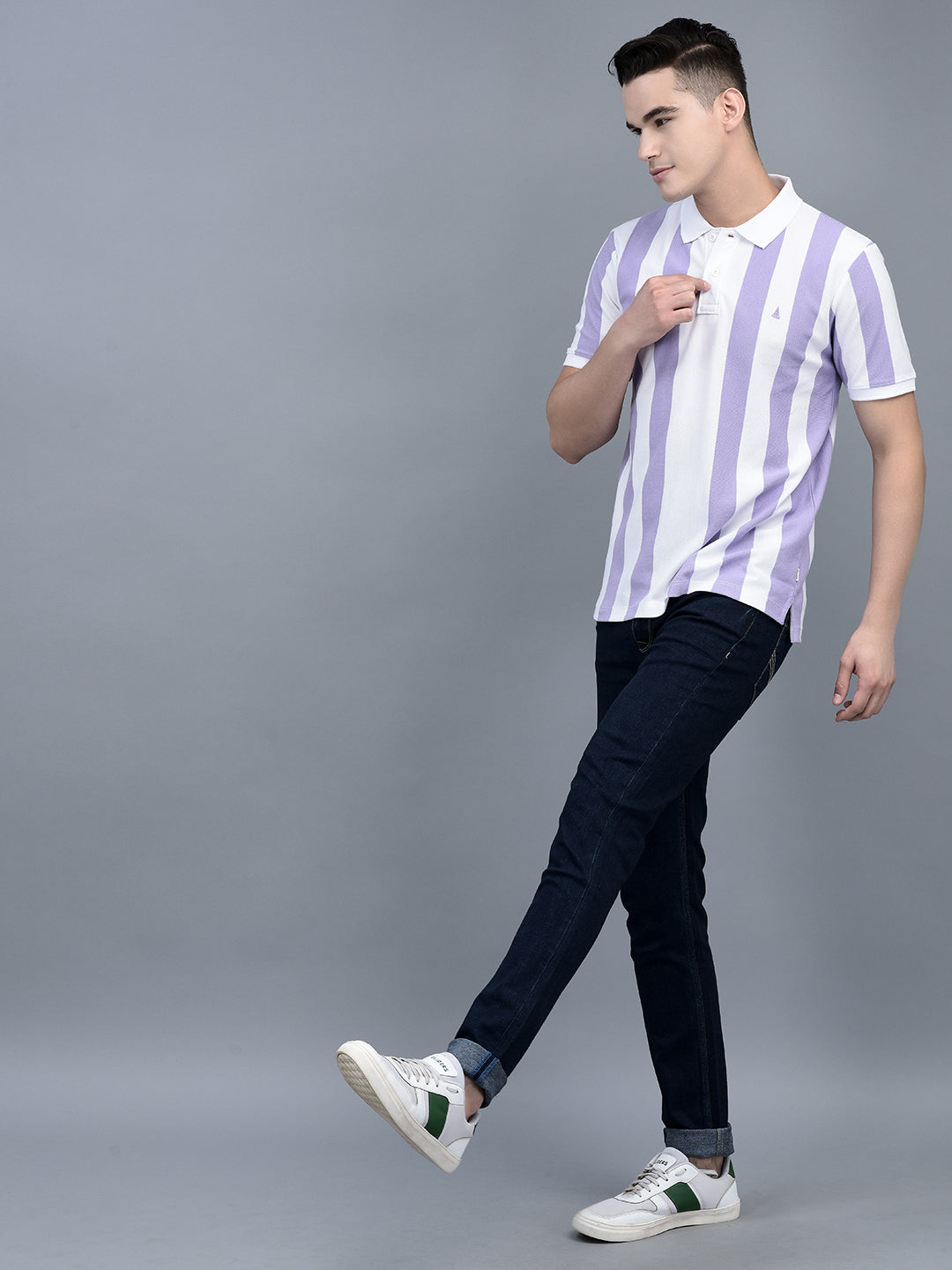 Canoe Men Short Sleeve Polo Neck Striped Pattern T-Shirt