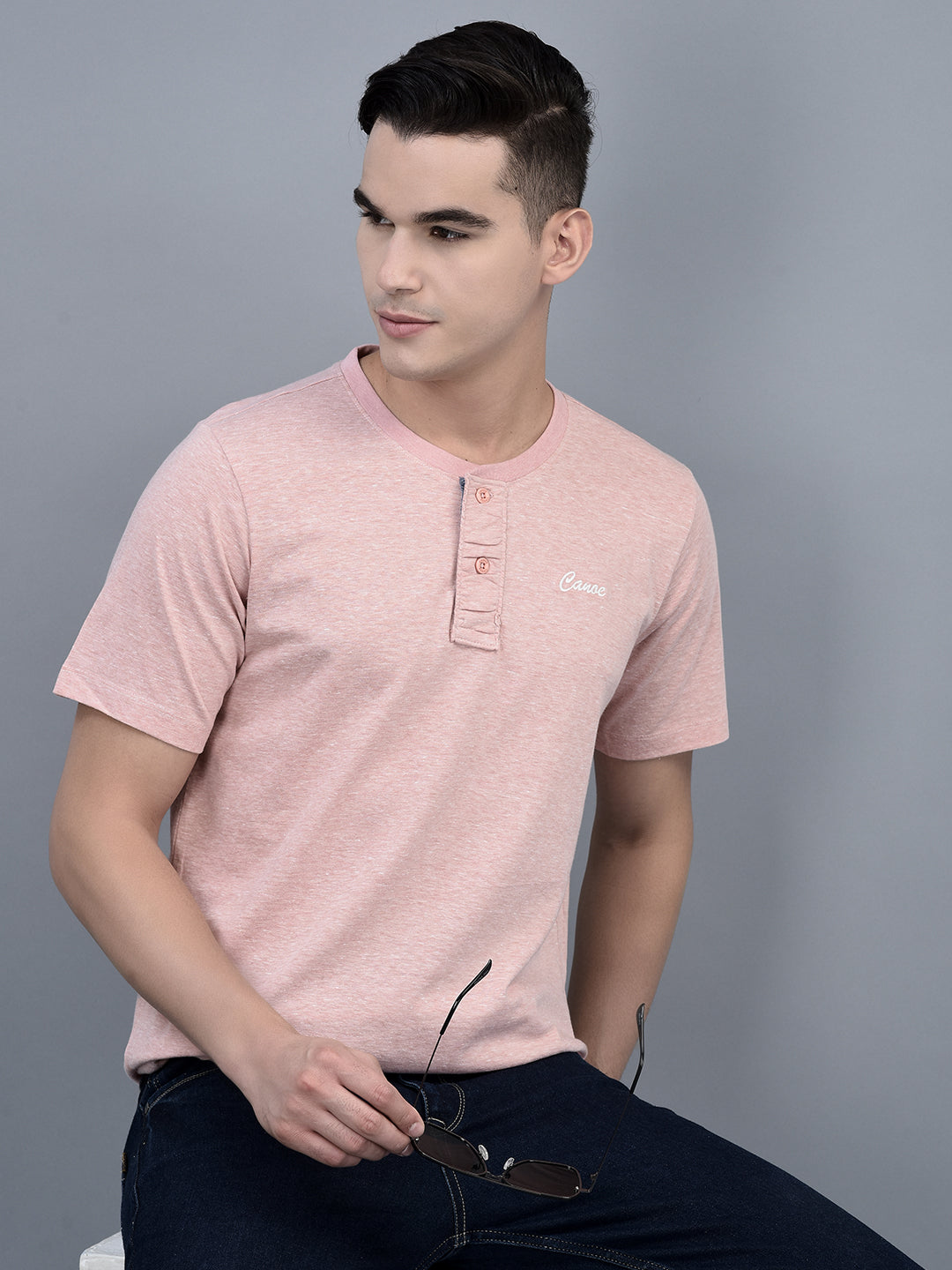 Canoe Men Short Sleeve Polo Neck Self Design Pattern T-Shirt