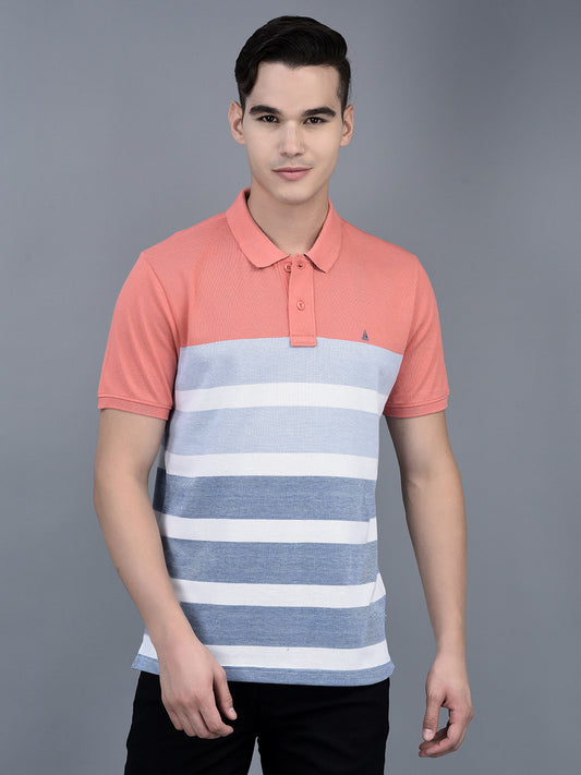 Canoe Men Short Sleeve Polo Neck Striped Pattern T-Shirt