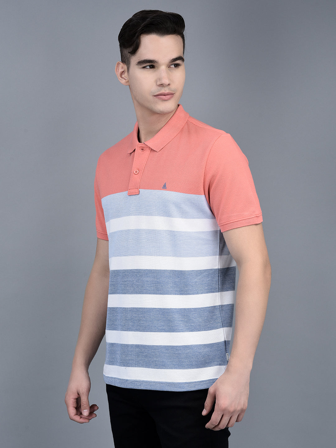 Canoe Men Short Sleeve Polo Neck Striped Pattern T-Shirt