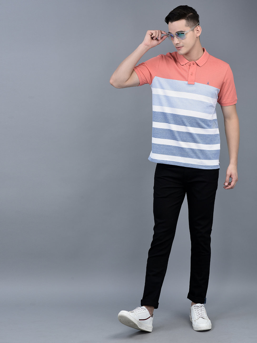 Canoe Men Short Sleeve Polo Neck Striped Pattern T-Shirt