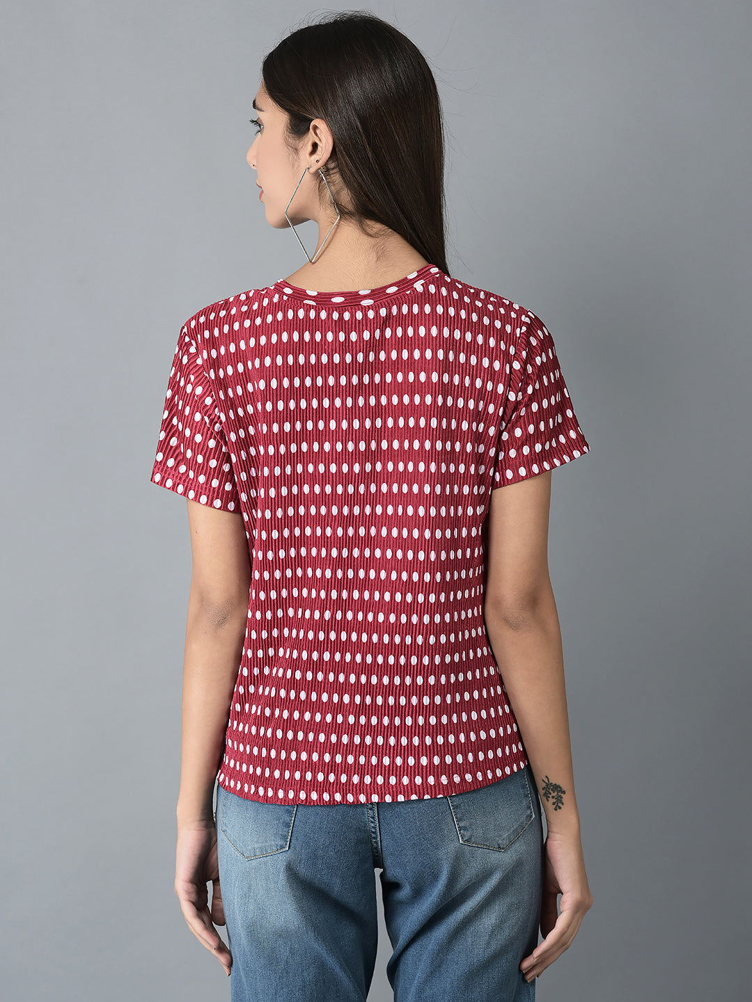 Canoe Women Polka Dot Pleated Fabric T-shirt