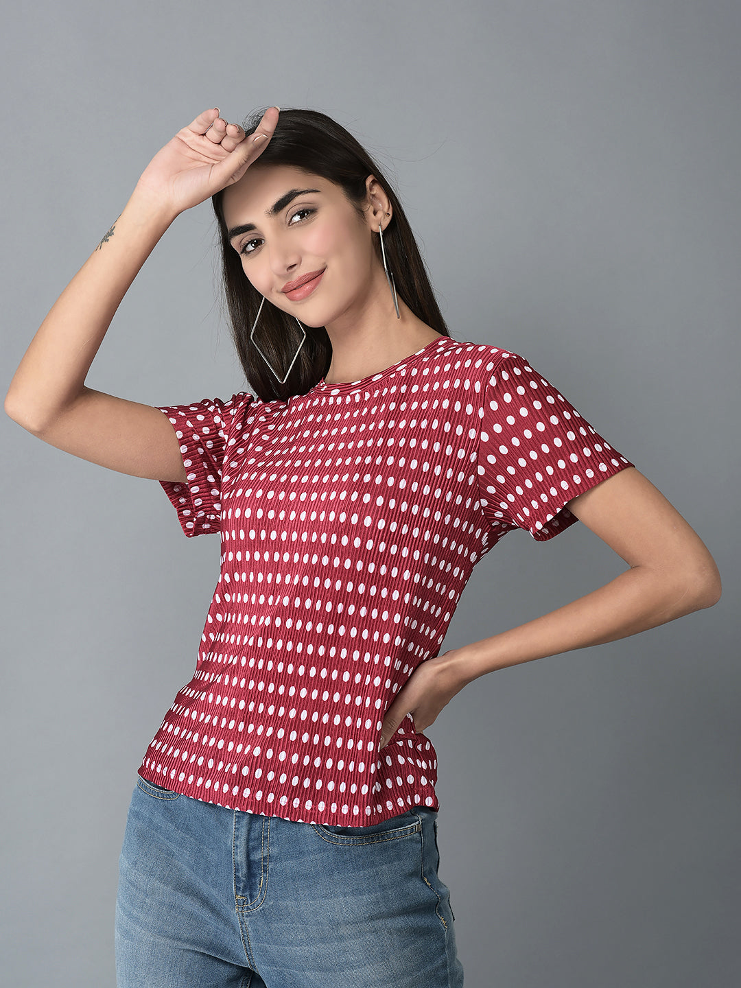Canoe Women Polka Dot Pleated Fabric T-shirt