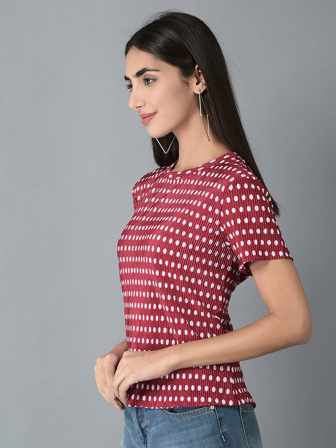 Canoe Women Polka Dot Pleated Fabric T-shirt