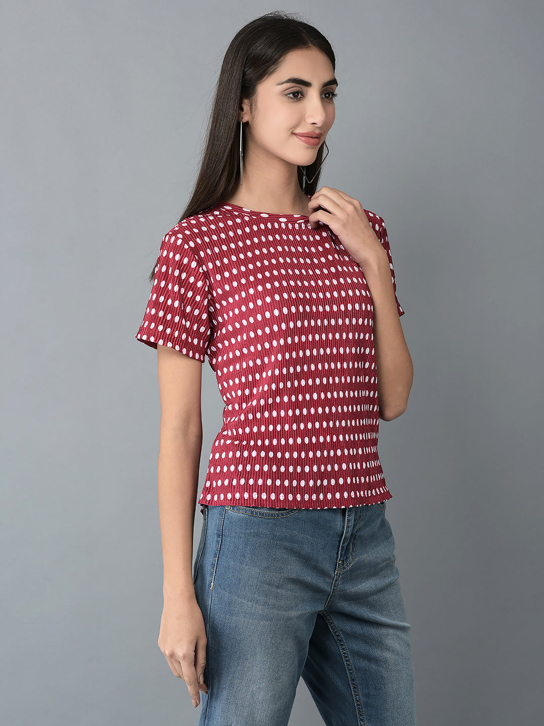 Canoe Women Polka Dot Pleated Fabric T-shirt