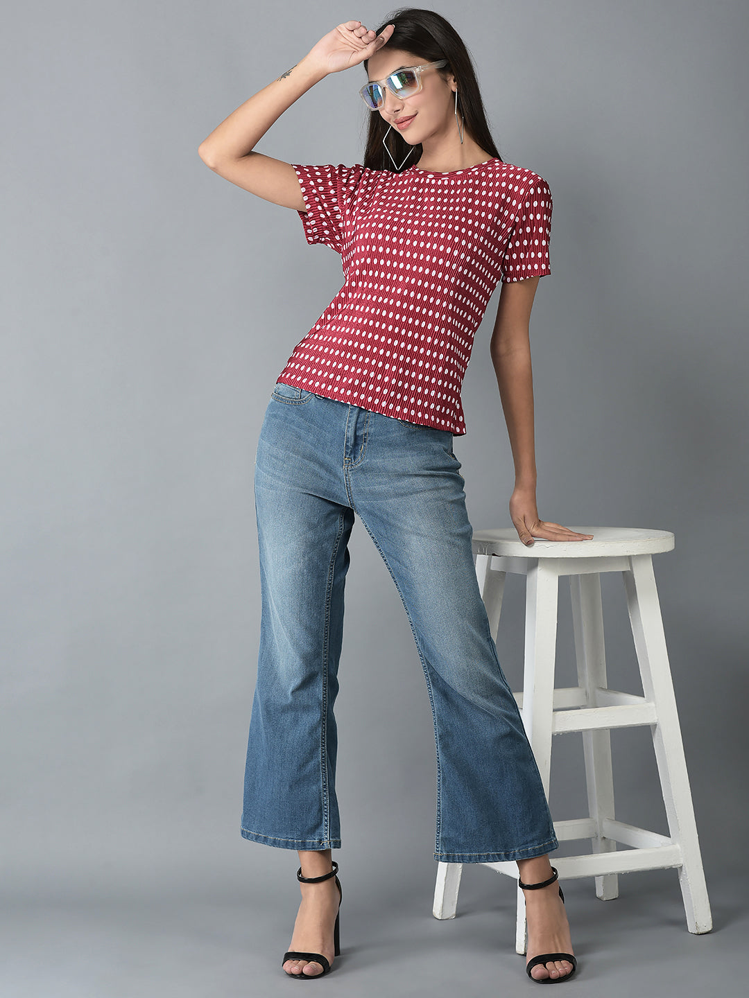 Canoe Women Polka Dot Pleated Fabric T-shirt