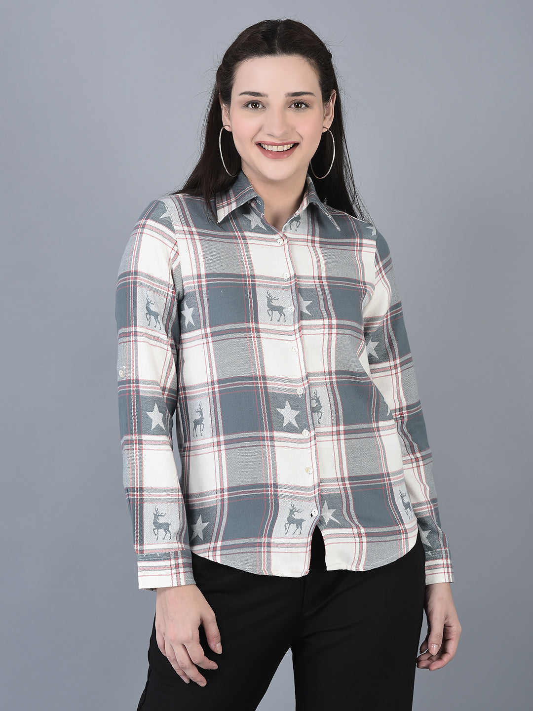 Canoe Women Full Button Placket Check Pattern Shirt