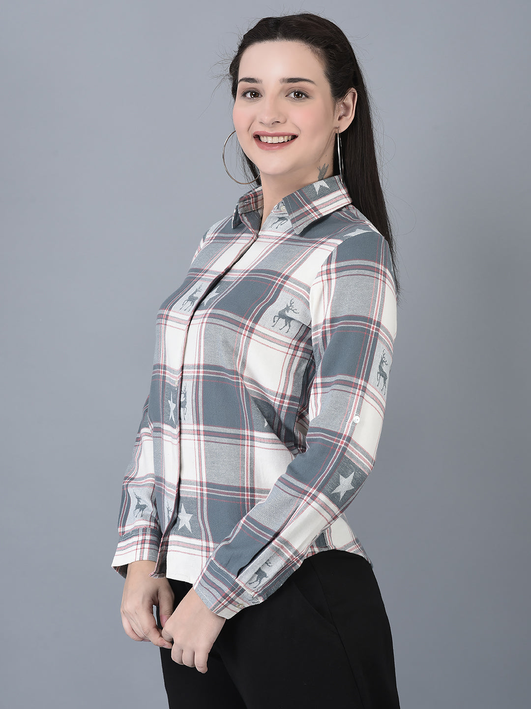 Canoe Women Full Button Placket Check Pattern Shirt