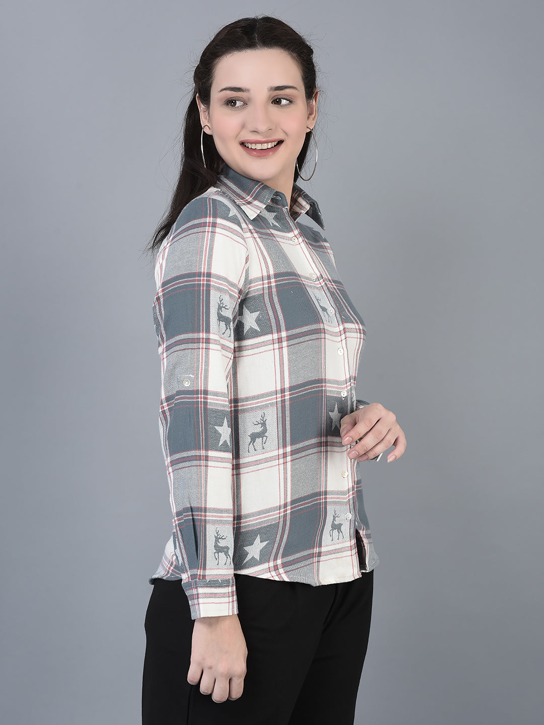 Canoe Women Full Button Placket Check Pattern Shirt