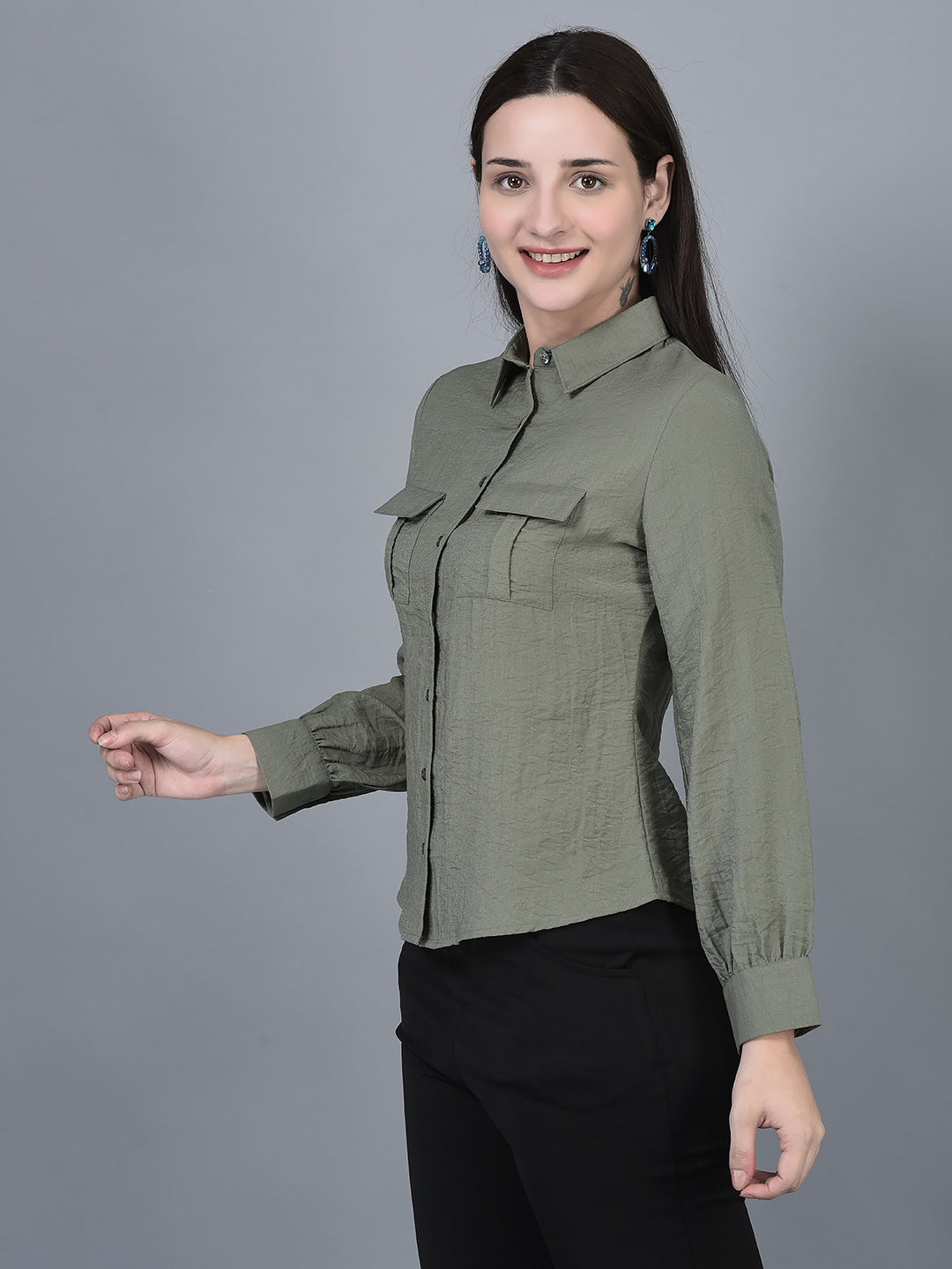 Canoe Women Long Sleeve Relaxed Fit Regular Length Button Placket Shirt