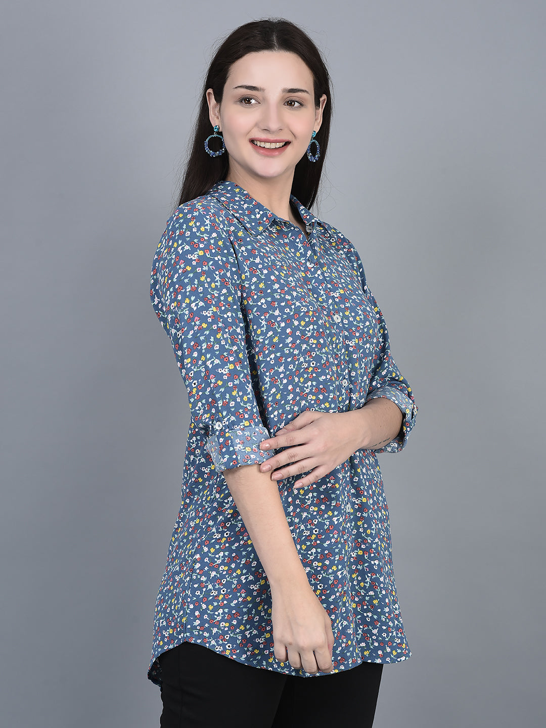 Canoe Women Floral Print Roll-Up Sleeve Full Button Placket Top