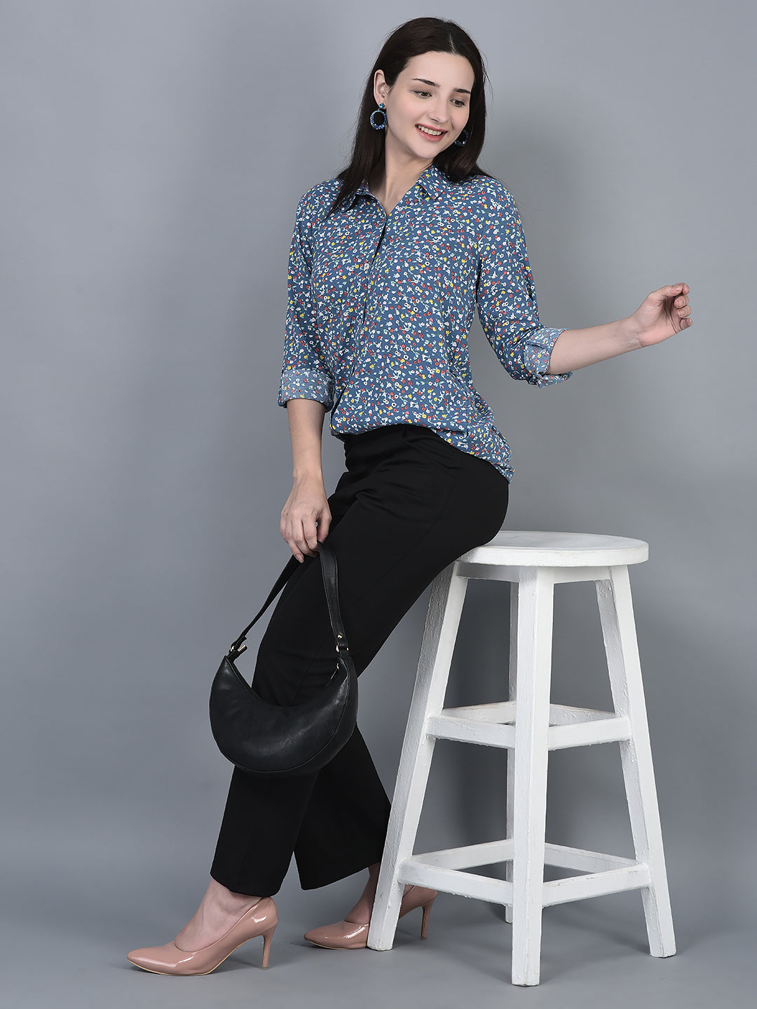 Canoe Women Floral Print Roll-Up Sleeve Full Button Placket Top