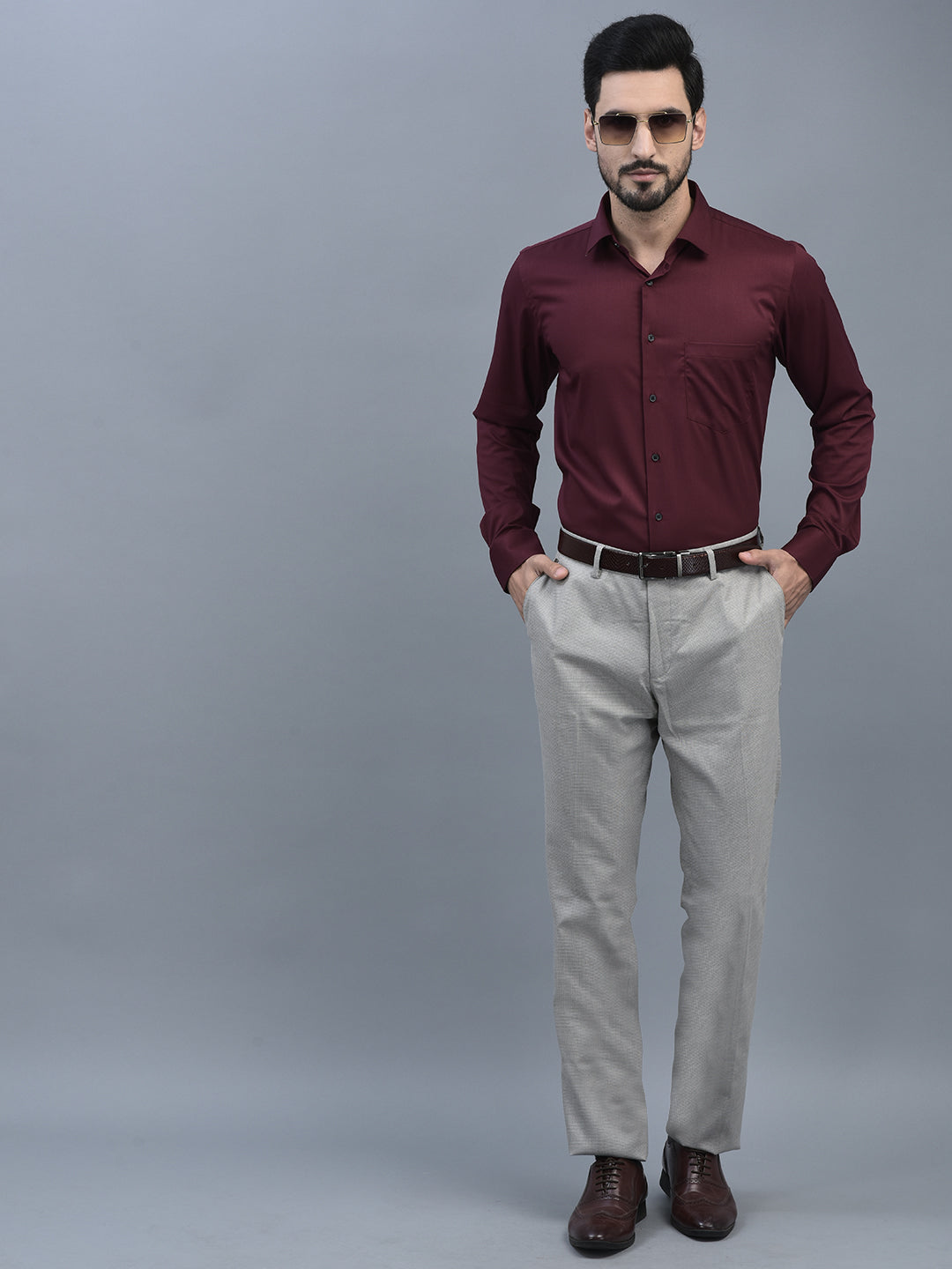 Canoe Men Regular Length Self Design Pattern Button Closure Formal Trouser