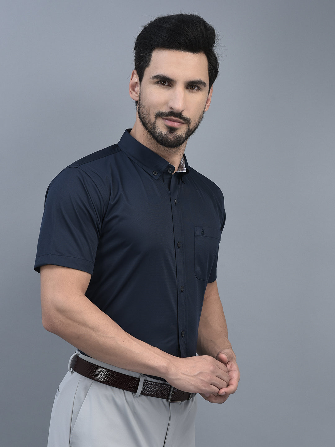 Canoe Men Long Sleeve Spread Collar Regular Fit Knitted Formal Shirt