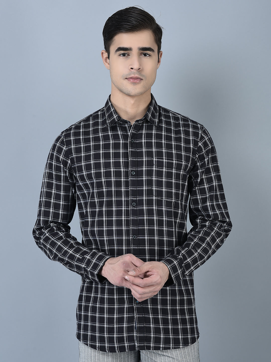 Canoe Men Casual Shirt Black Color Cotton Fabric Button Closure Striped