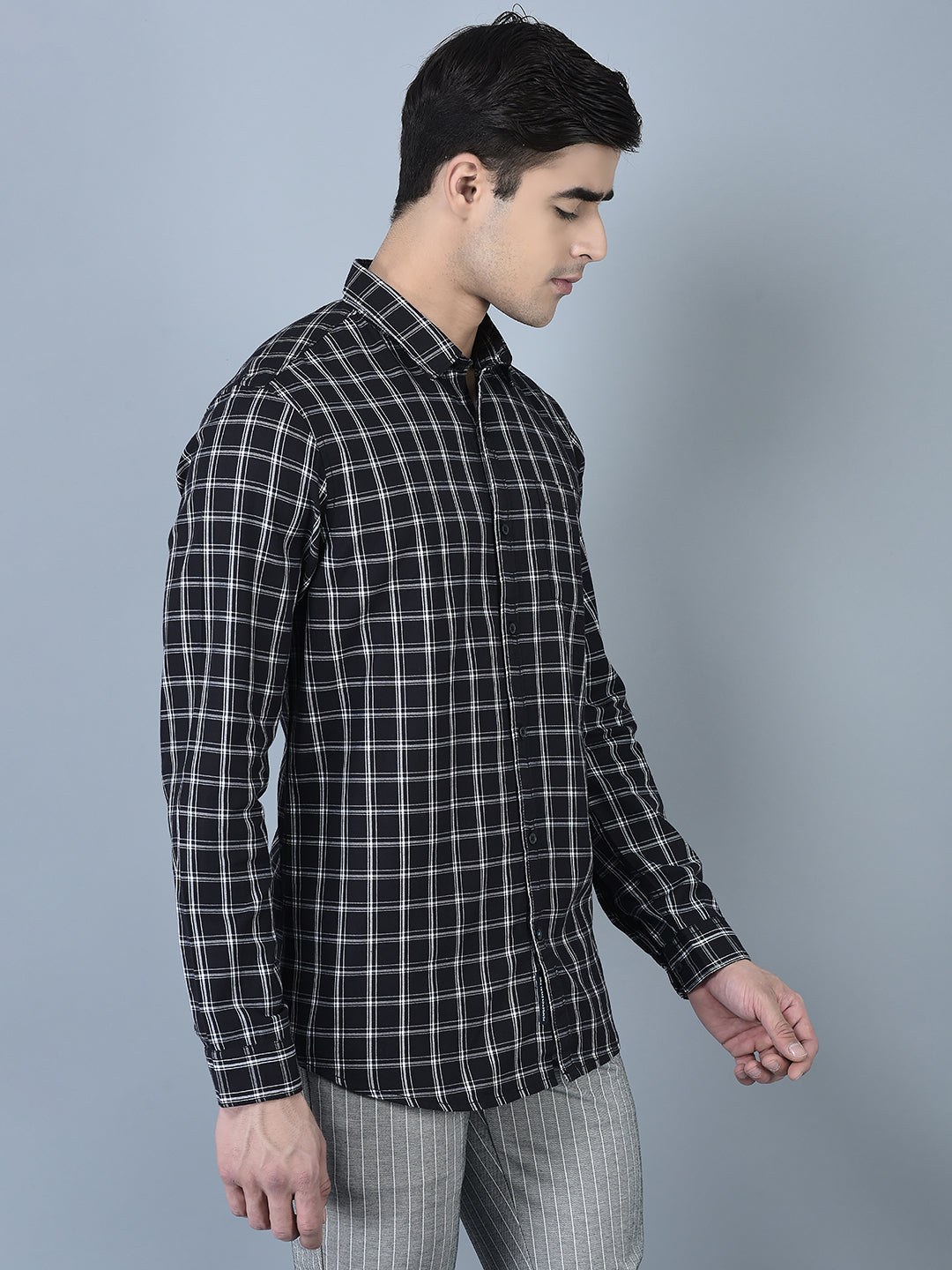 Canoe Men Casual Shirt Black Color Cotton Fabric Button Closure Striped