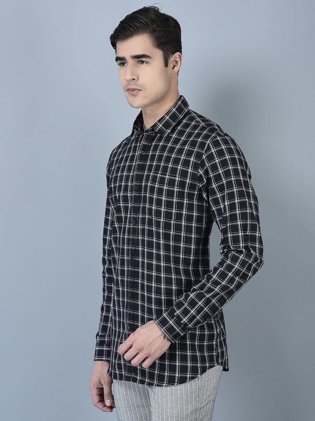 Canoe Men Casual Shirt Black Color Cotton Fabric Button Closure Striped