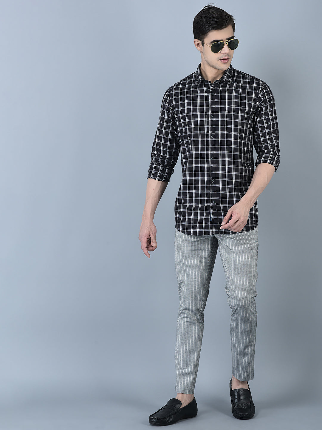 Canoe Men Casual Shirt Black Color Cotton Fabric Button Closure Striped