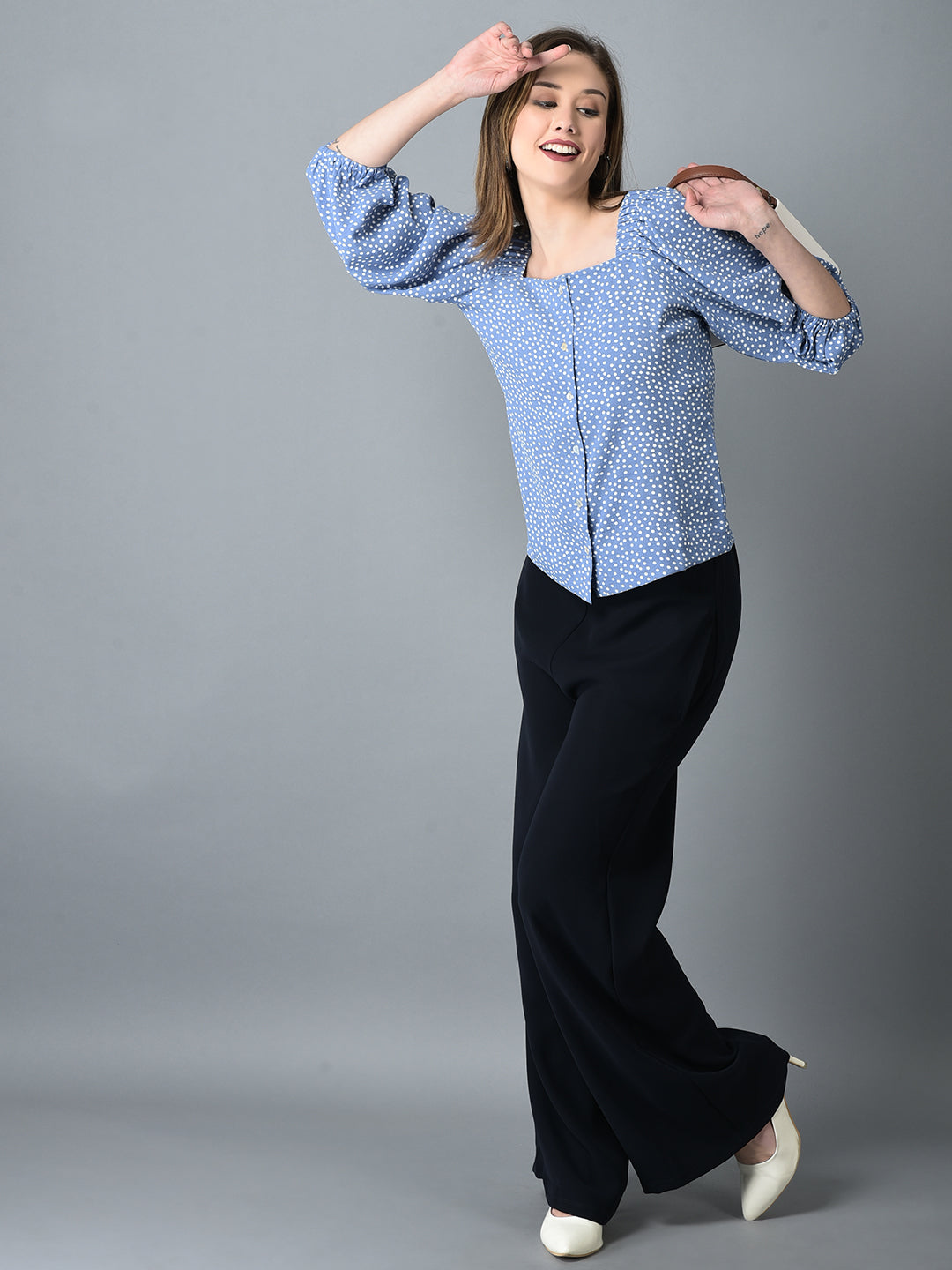 Canoe Women Elasticated Neck & Polk Dot Print Top
