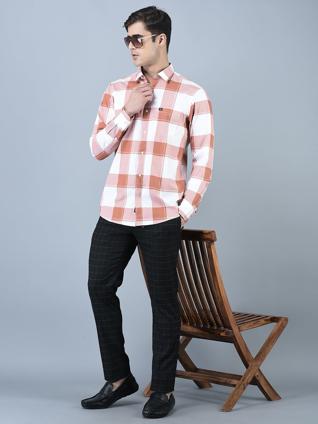 Canoe Men Casual Shirt Rust Color Cotton Fabric Button Closure Checked