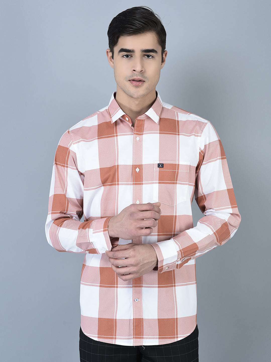 Canoe Men Casual Shirt Rust Color Cotton Fabric Button Closure Checked