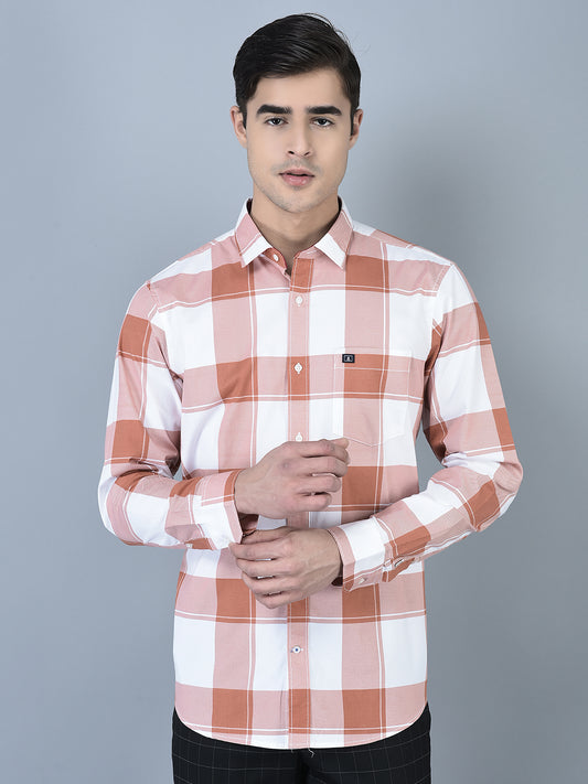 Canoe Men Casual Shirt Rust Color Cotton Fabric Button Closure Checked