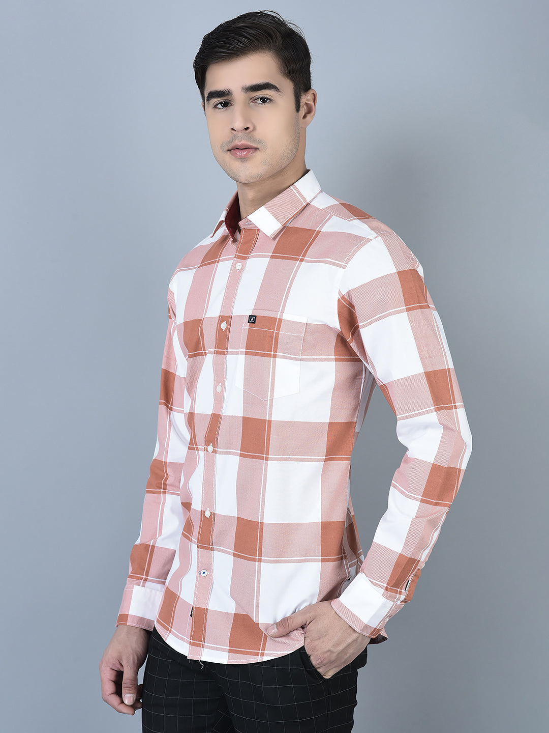 Canoe Men Casual Shirt Rust Color Cotton Fabric Button Closure Checked