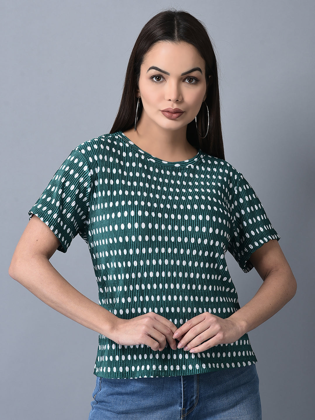 Canoe Women Polka Dot Pleated Fabric T-shirt