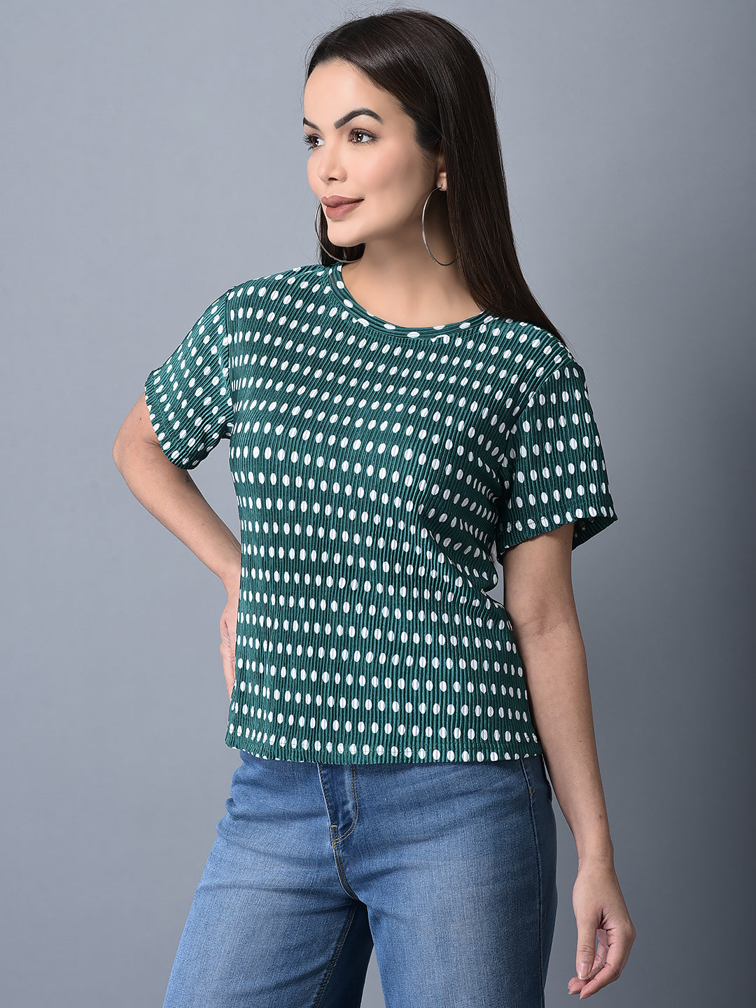 Canoe Women Polka Dot Pleated Fabric T-shirt