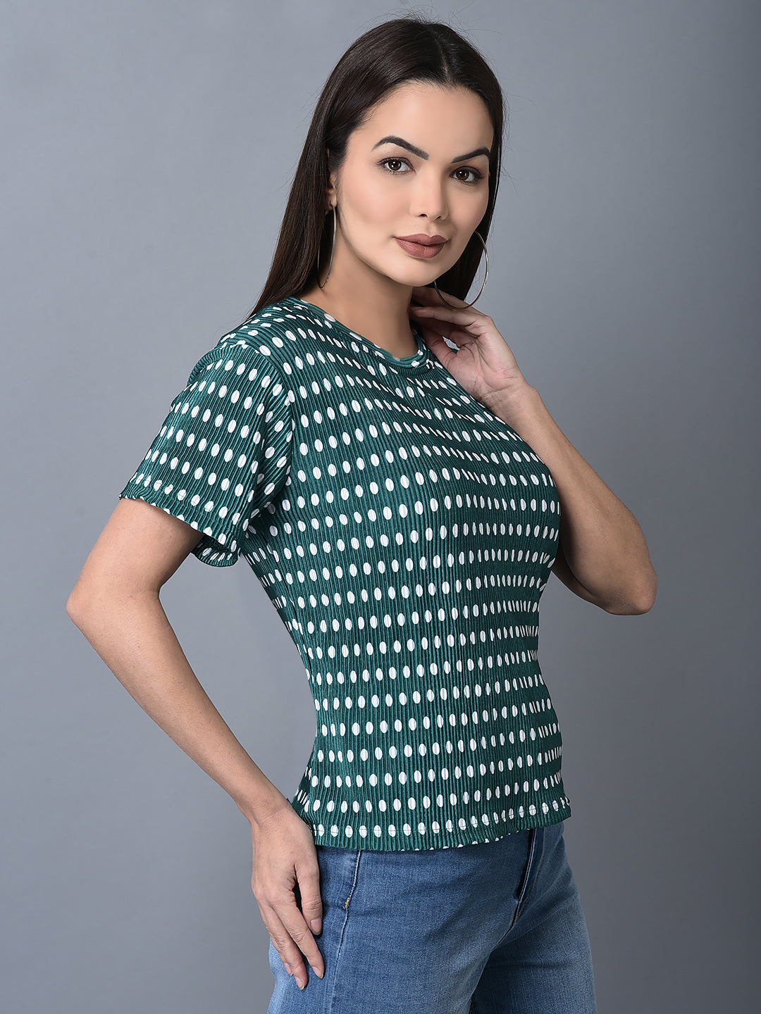 Canoe Women Polka Dot Pleated Fabric T-shirt