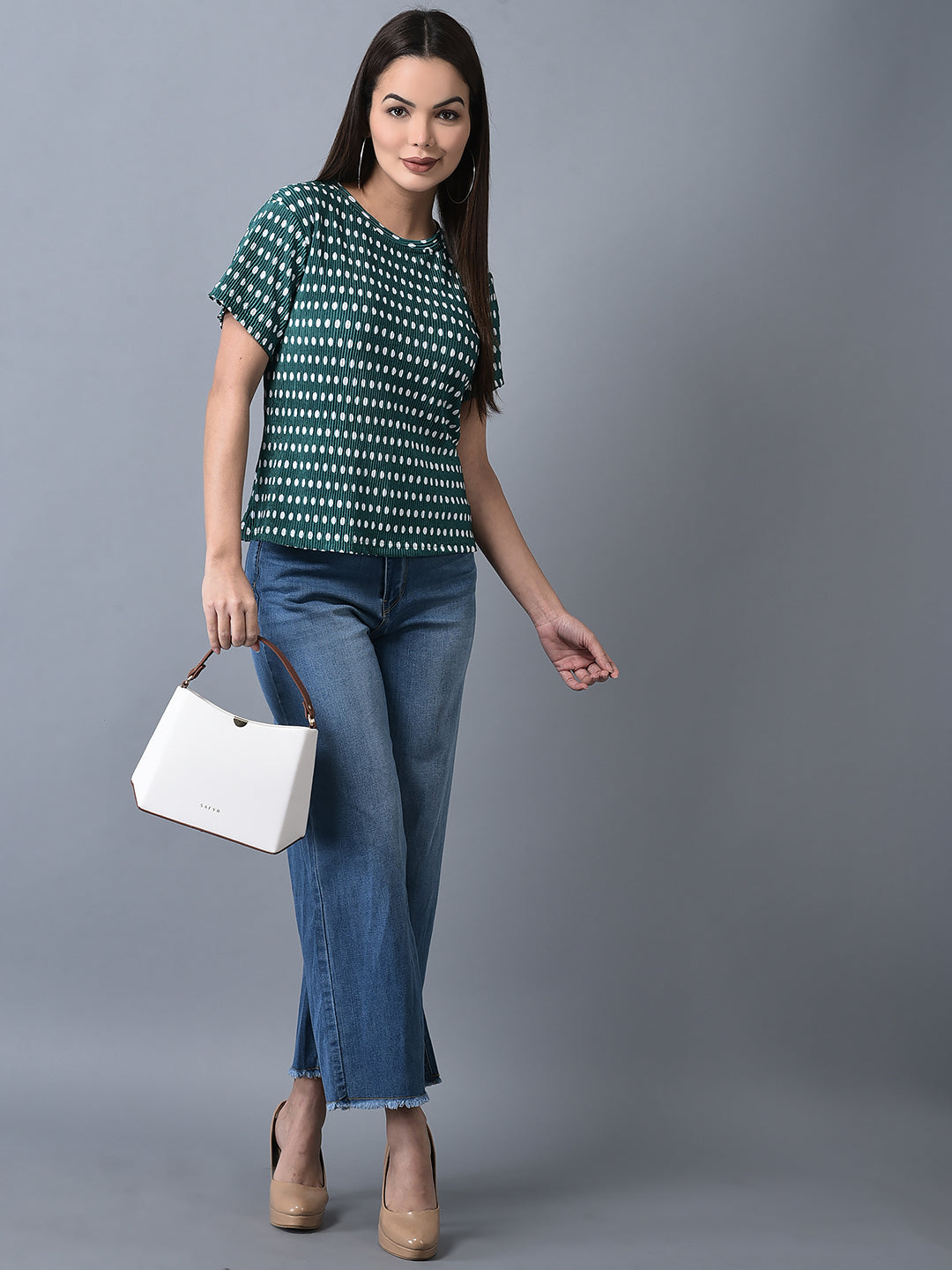 Canoe Women Polka Dot Pleated Fabric T-shirt