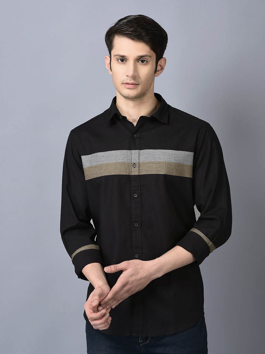 Canoe Men Casual Shirt Black Color Cotton Fabric Button Closure Striped