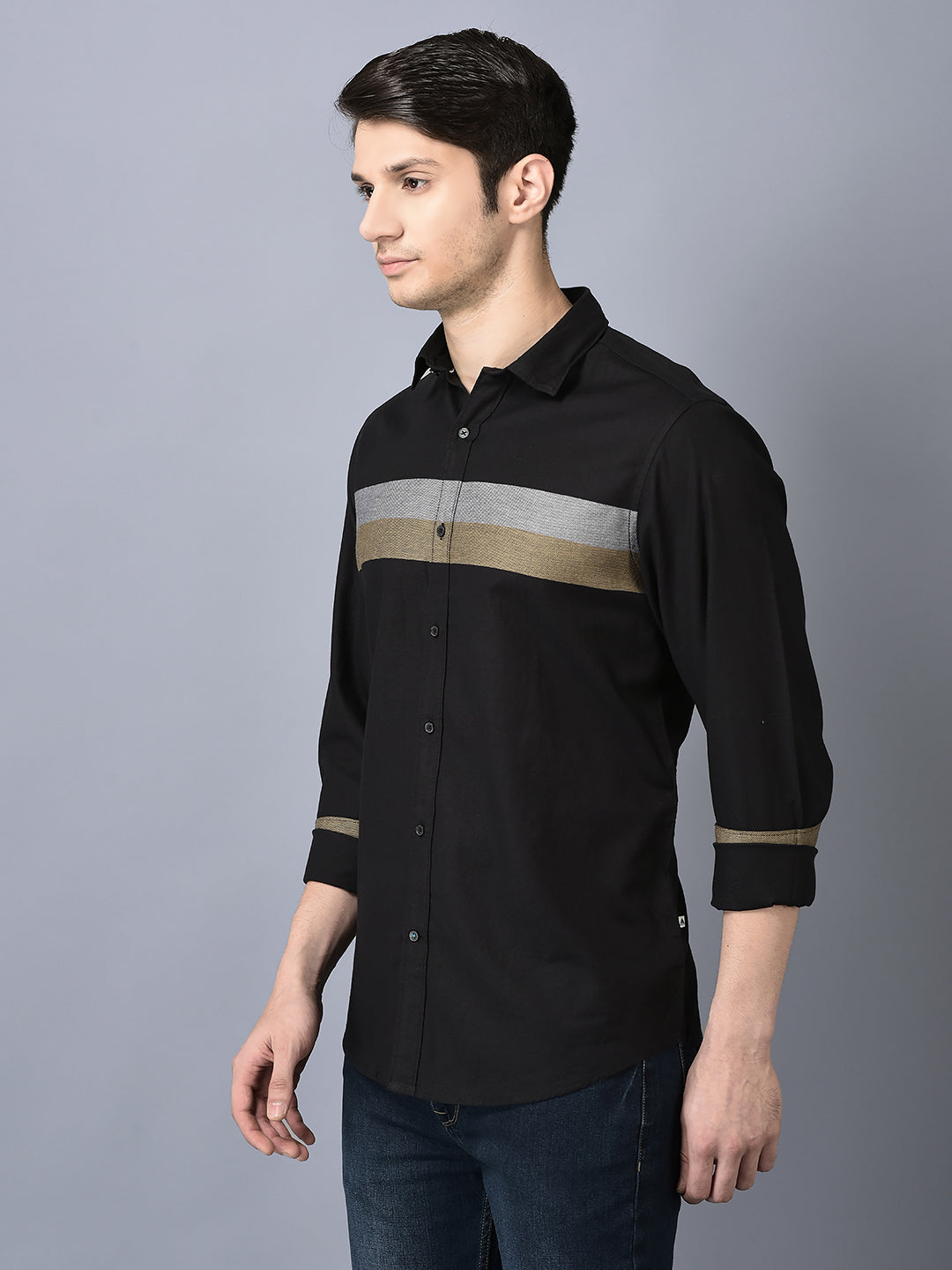 Canoe Men Casual Shirt Black Color Cotton Fabric Button Closure Striped
