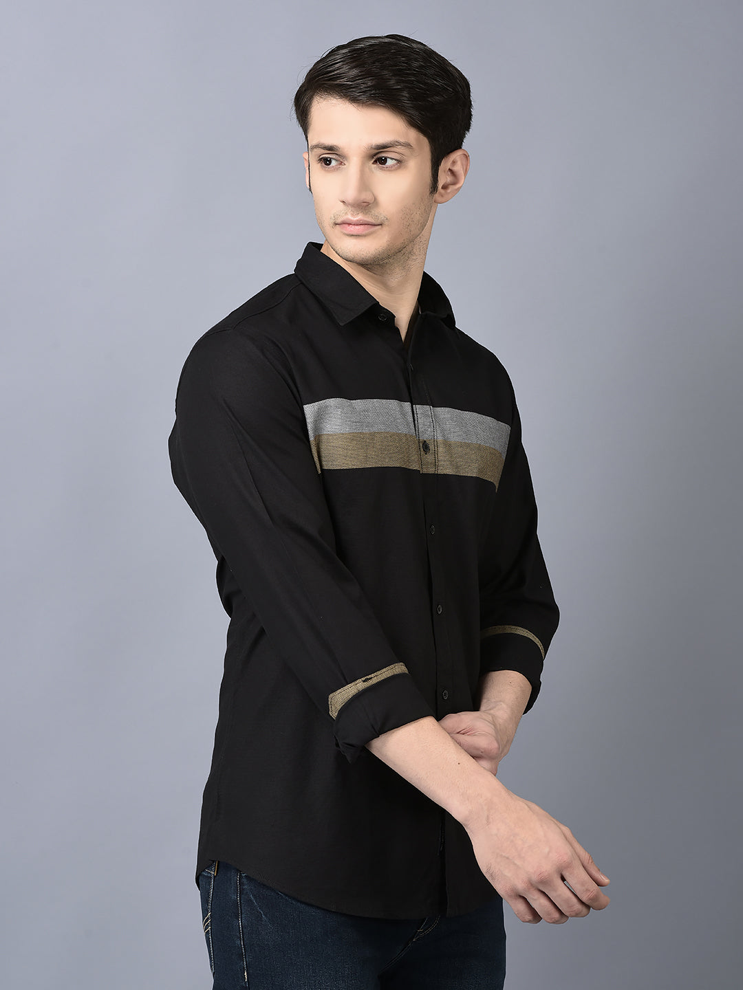 Canoe Men Casual Shirt Black Color Cotton Fabric Button Closure Striped
