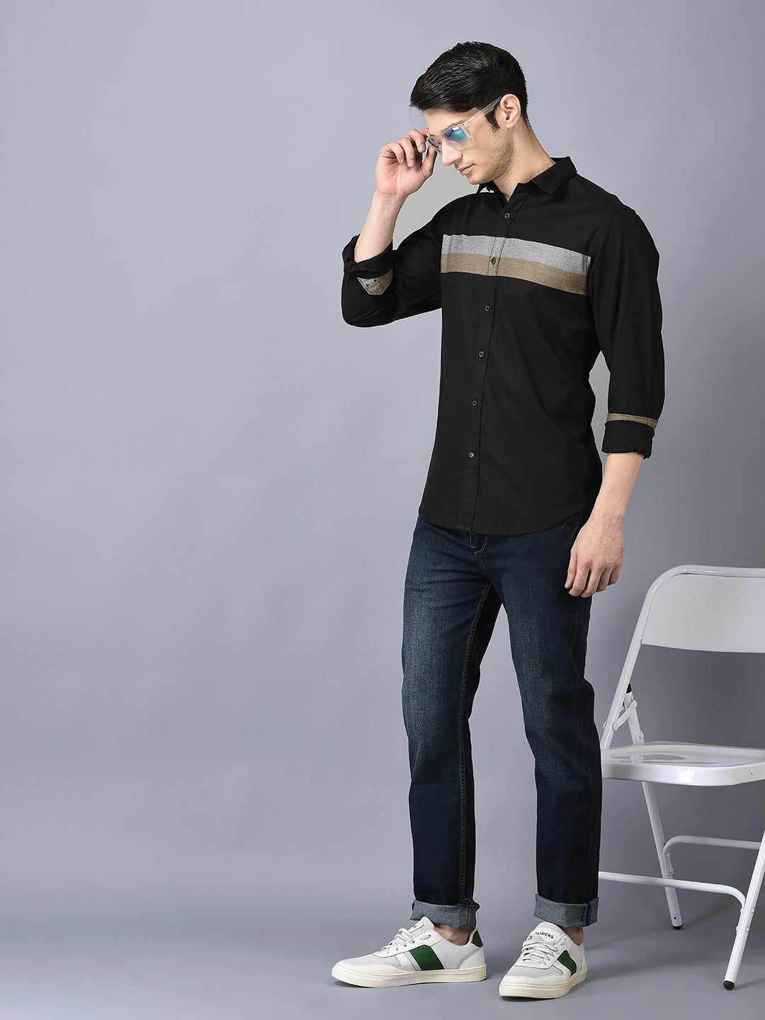 Canoe Men Casual Shirt Black Color Cotton Fabric Button Closure Striped