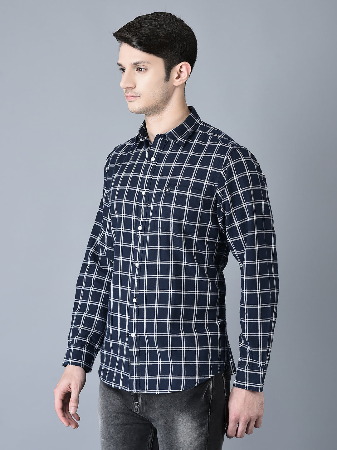 Canoe Men Casual Shirt Navy Color Cotton Fabric Button Closure Checked