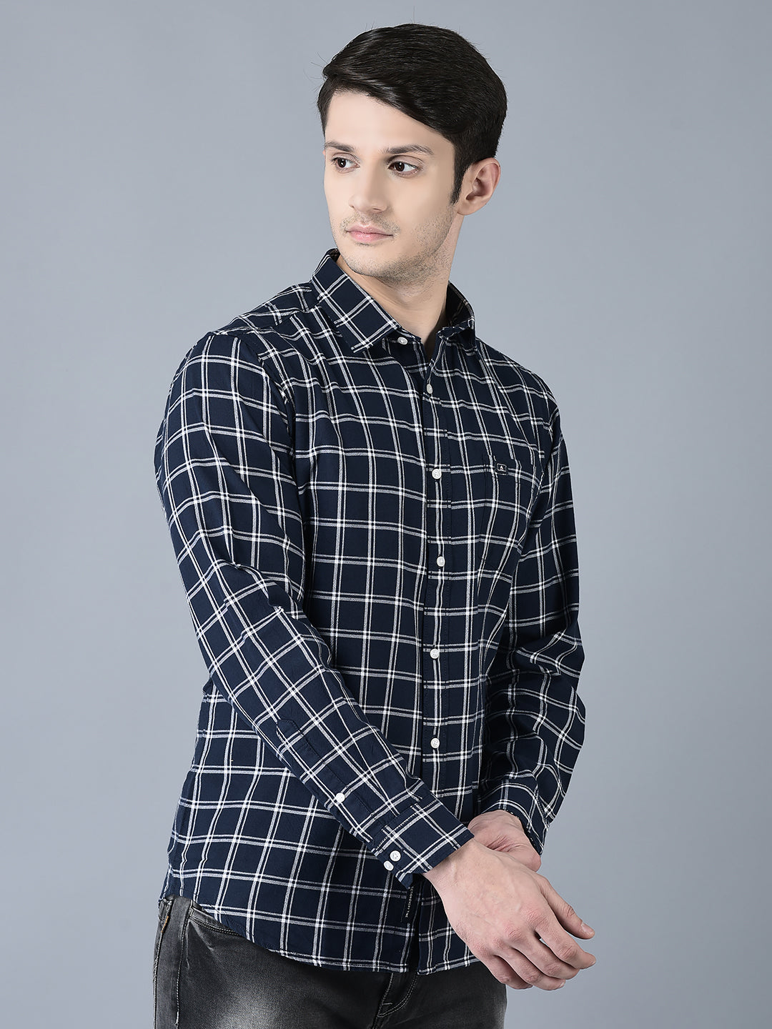 Canoe Men Casual Shirt Navy Color Cotton Fabric Button Closure Checked