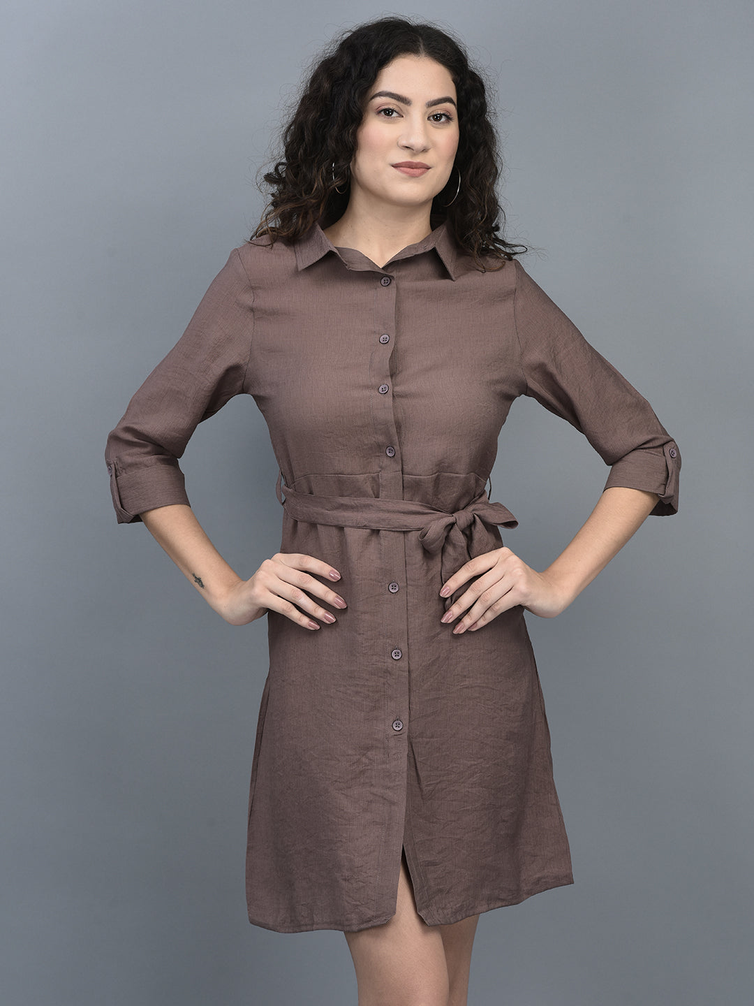 Canoe Women Roll-Up Sleeve Above Knee Legnth Casual And Party Wear Dress