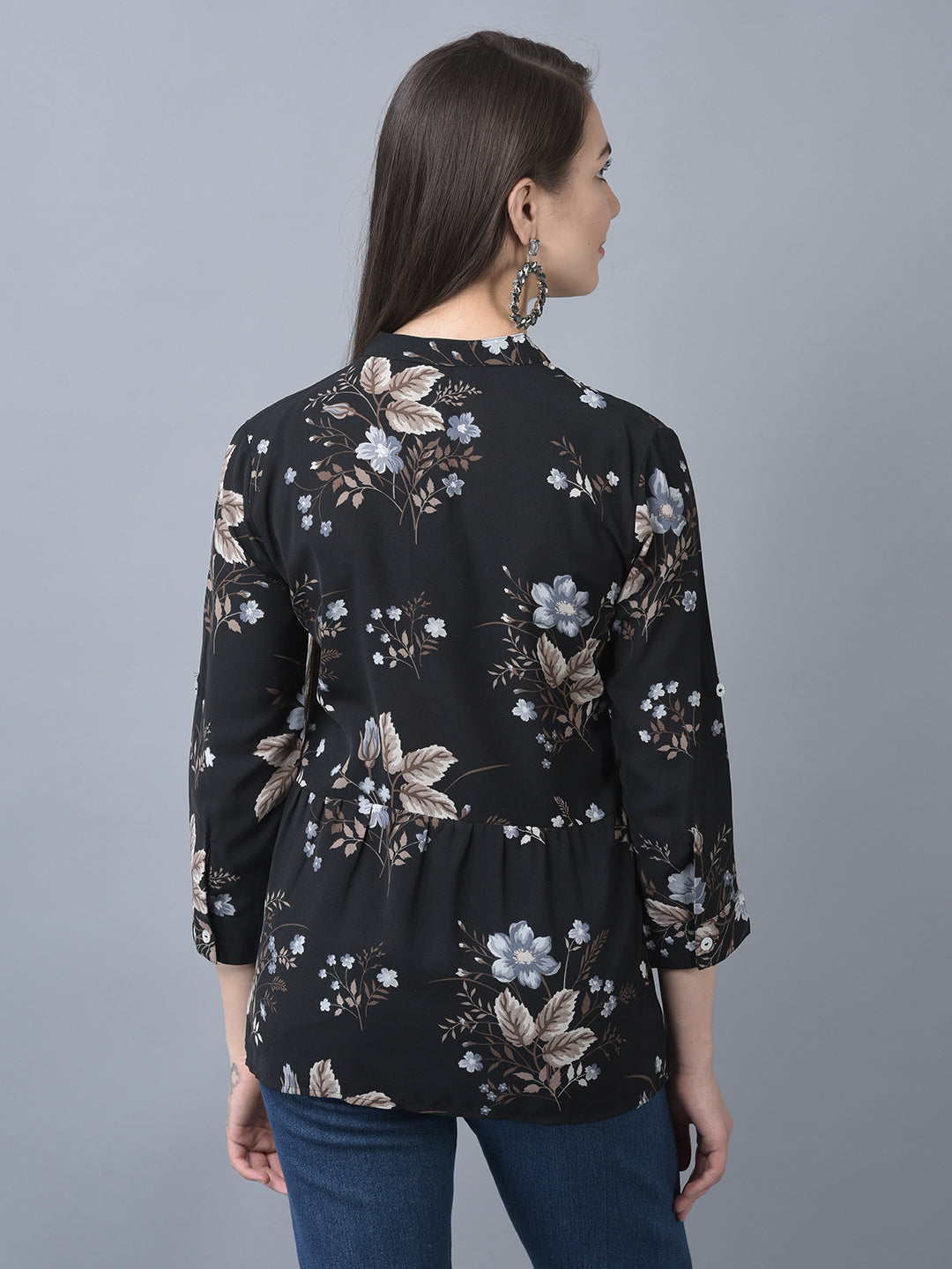 Canoe Women Round Neck Roll-Up Sleeve Flower Printed Tunic