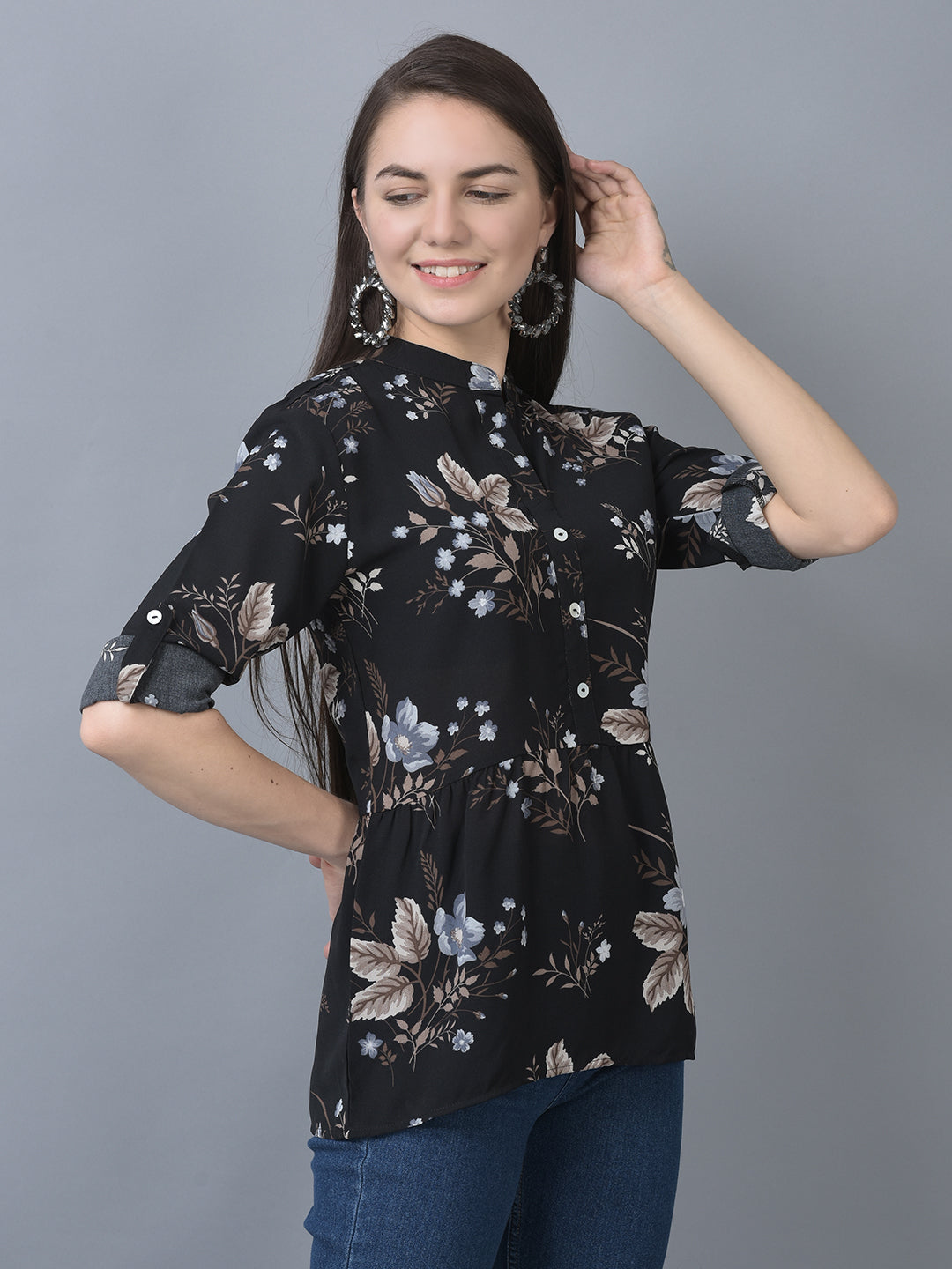 Canoe Women Round Neck Roll-Up Sleeve Flower Printed Tunic