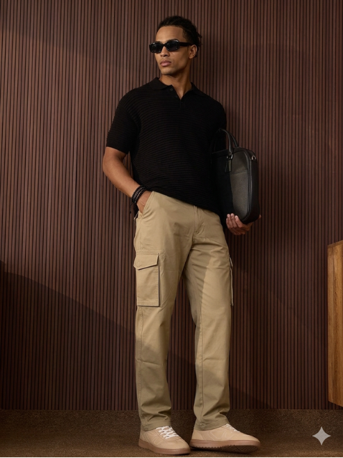 Premium Beige Stretchable Cargo Pants for Men | Moisture Wicking Utility Trousers