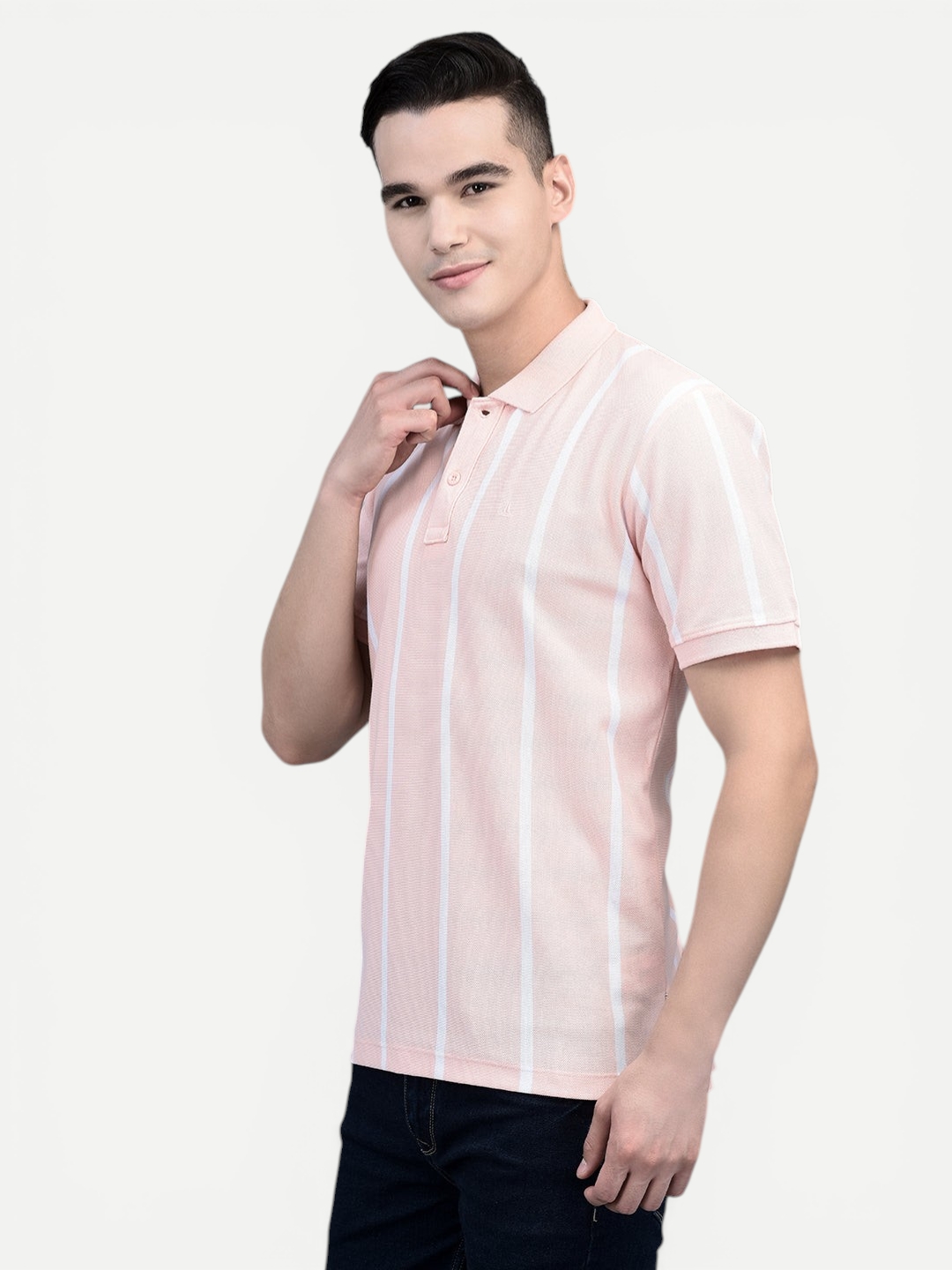 Canoe Men Short Sleeve Polo Neck Striped Pattern T-Shirt