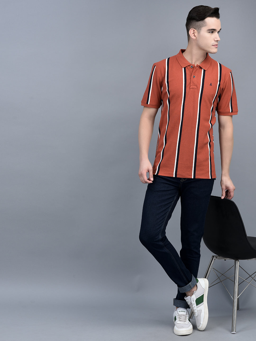 Canoe Men Short Sleeve Polo Neck Striped Pattern T-Shirt