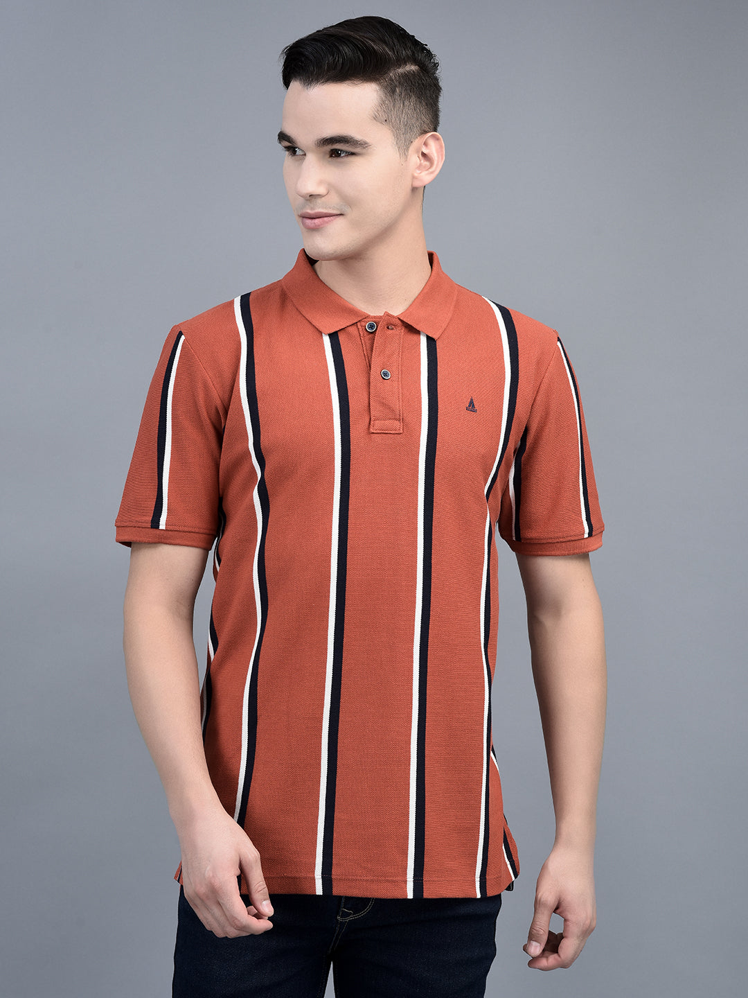 Canoe Men Short Sleeve Polo Neck Striped Pattern T-Shirt