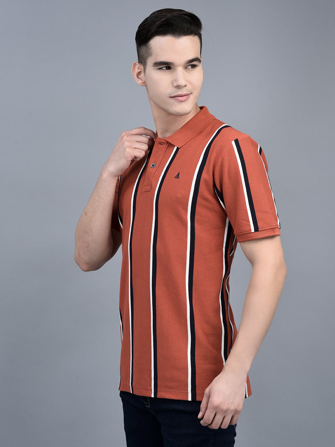 Canoe Men Short Sleeve Polo Neck Striped Pattern T-Shirt